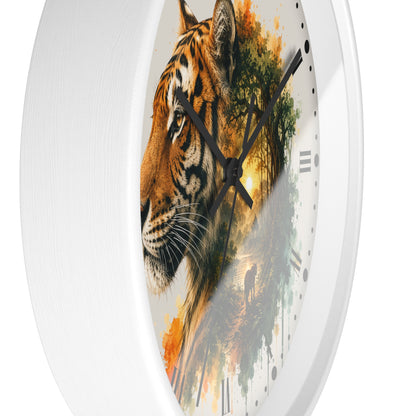 A round wall clock with a white frame and a printed face featuring a tiger head over an abstract forest scene in orange, green, and brown tones. The clock has black hands and no visible brand text.