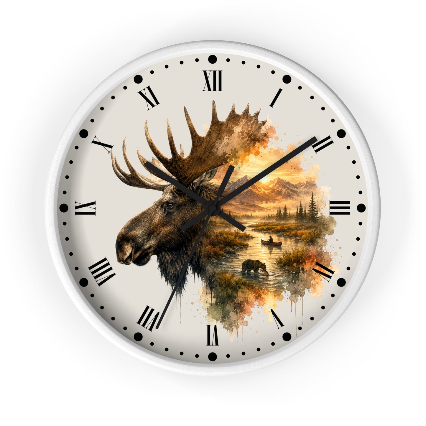 A round wall clock with a white frame and a scenic dial design featuring a moose head, a river, mountains, and autumn trees in warm earthy tones, with black Roman numerals and markers on a white background.