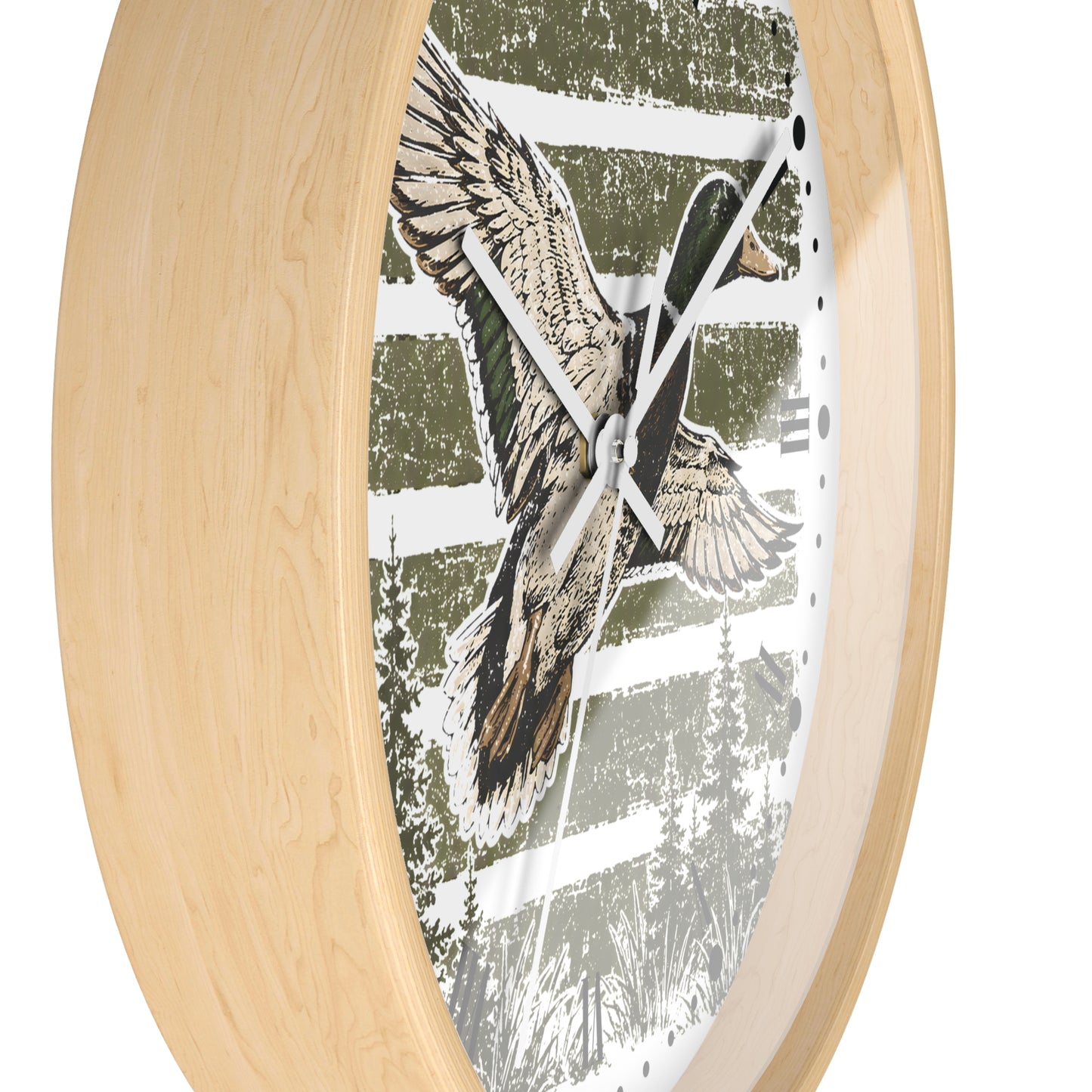 Round wall clock with a light natural wood frame and a printed duck scene on the face, photographed against a plain white background.