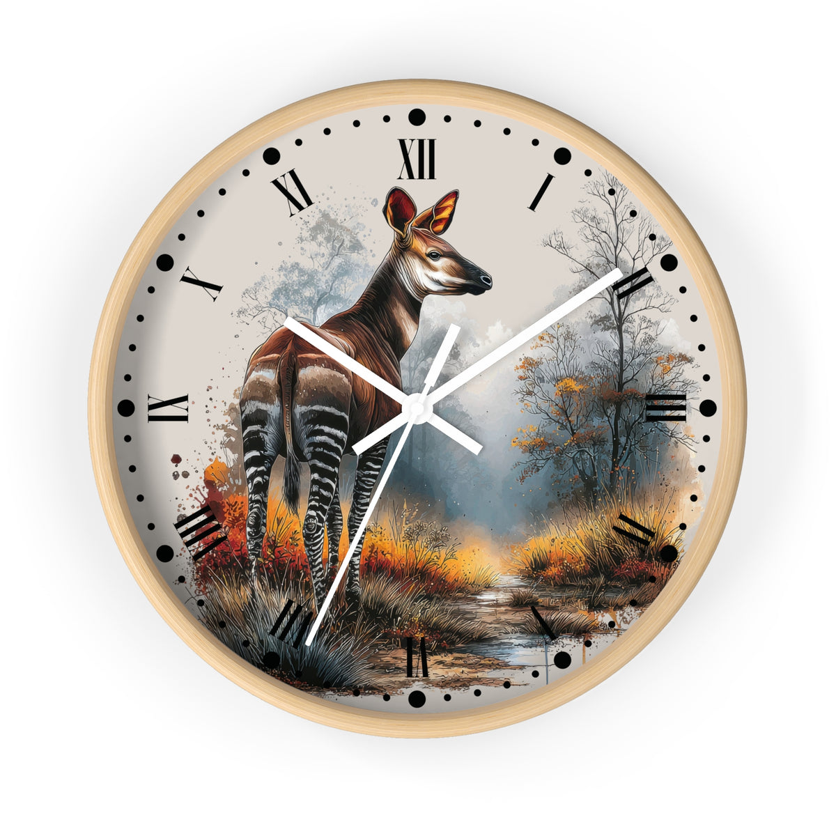 A round wall clock with a light wood frame and a printed scenic dial featuring a zebra deer standing in a forest, with Roman numerals and black hour markers.