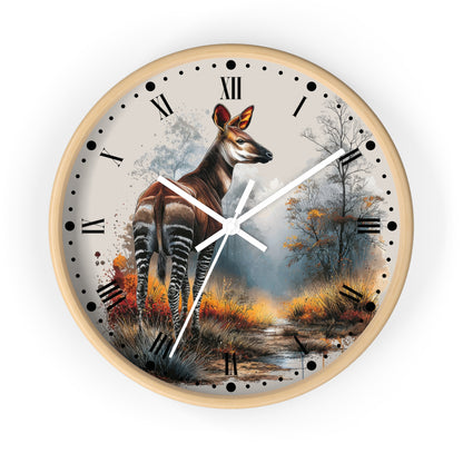 A round wall clock with a light wood frame and a printed scenic dial featuring a zebra deer standing in a forest, with Roman numerals and black hour markers.