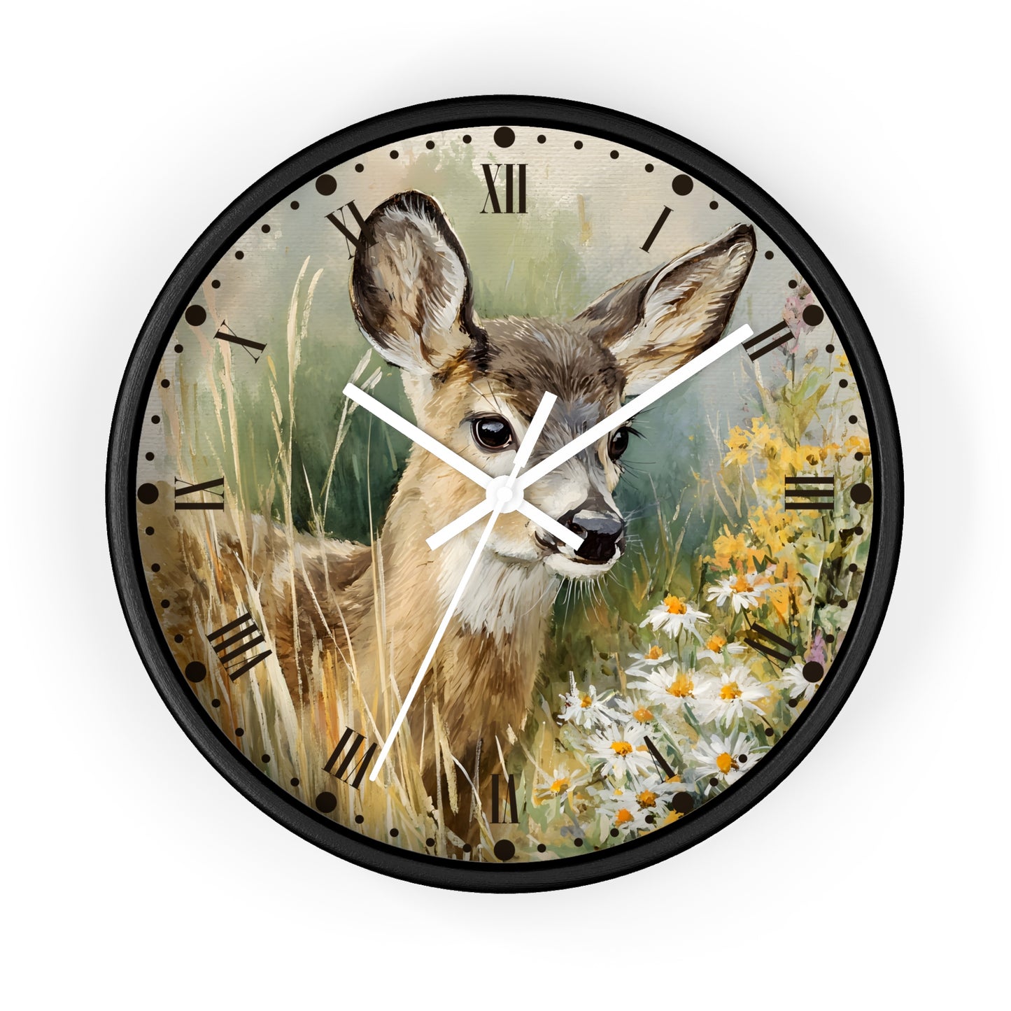 A round wall clock with a black frame and a printed illustration of a deer in tall grass beside white and yellow flowers. The clock face has black Roman numerals and white hands, shown against a plain white background.