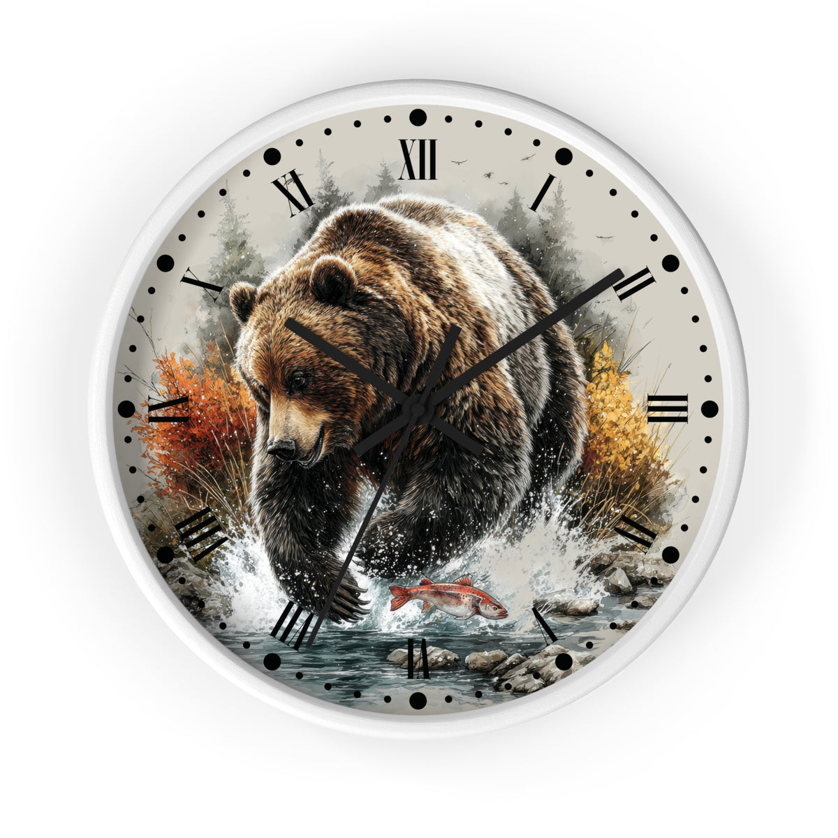 Round wall clock with a white frame and a printed nature scene featuring a brown bear walking through water with fish and autumn trees. The clock face has black Roman numerals and black hands, shown against a plain white background.