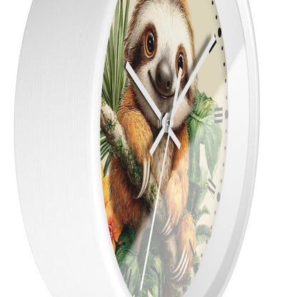 Round wall clock with a white frame and a printed sloth illustration on the face, shown against a plain white background.