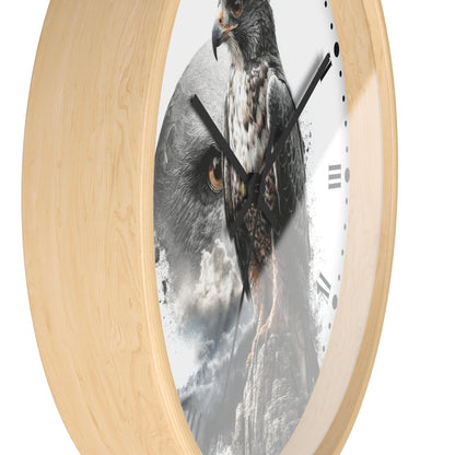 Round wall clock with a light natural wood frame and a printed owl design on the face, shown against a plain white background.