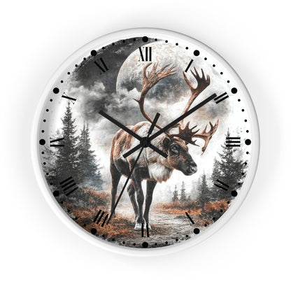 Round wall clock with a white frame and a printed scenic dial featuring a large reindeer with antlers walking along a path under a full moon and pine trees, with black Roman numerals and hands.