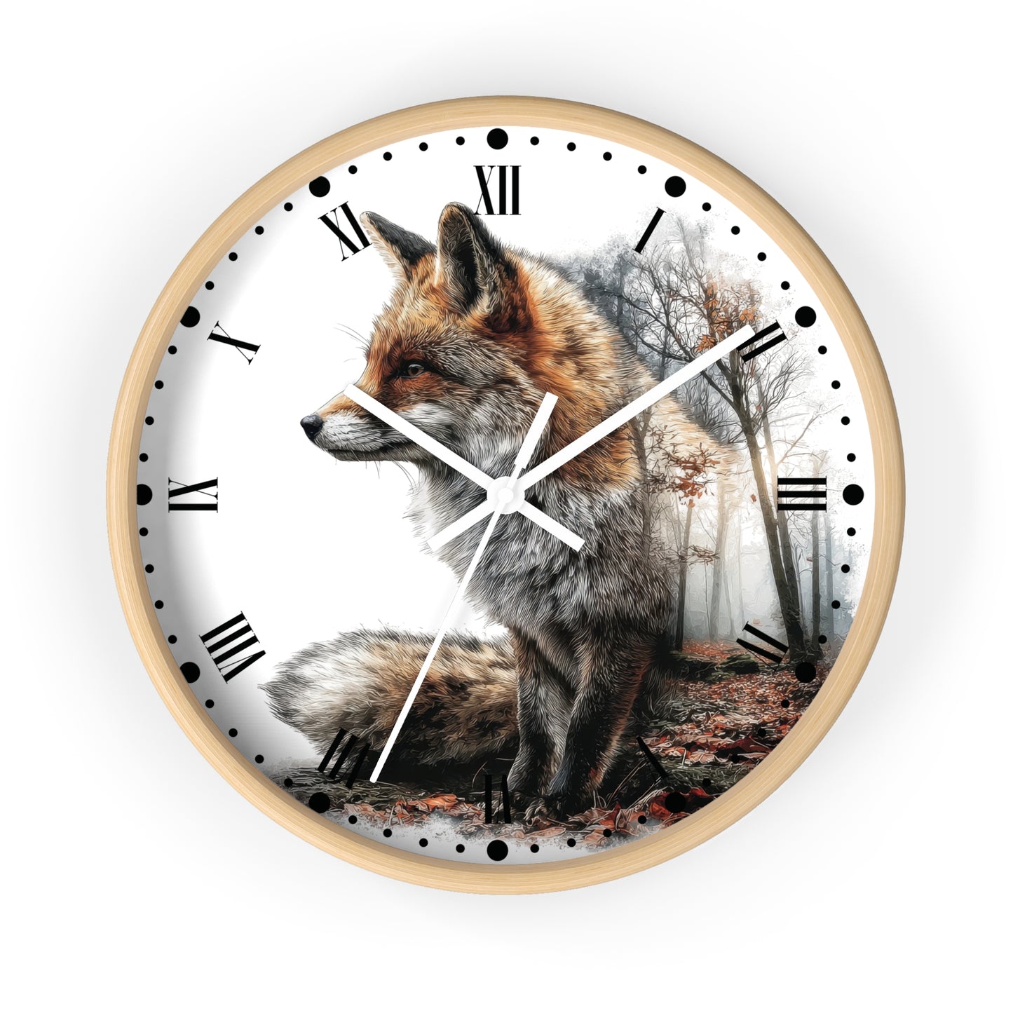 A round wall clock with a light wood frame and a white face featuring a detailed illustration of a fox in a misty forest. The clock uses Roman numerals for hour markers and has white hands.