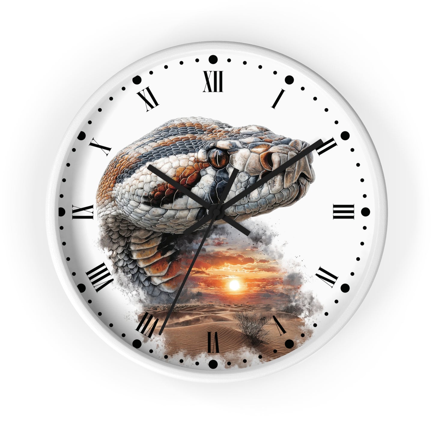 A round wall clock with a white face, black Roman numerals, and black hands, featuring a printed design of a snake over a desert sunset scene.
