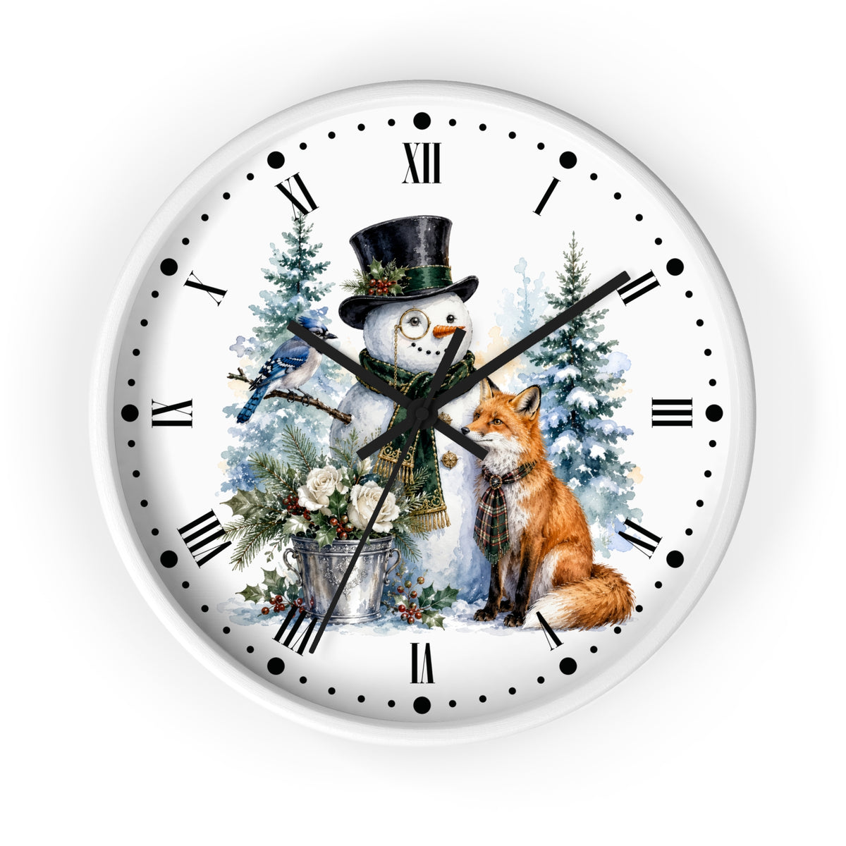 A round white wall clock with a festive winter illustration on the face, featuring a snowman in a black top hat, a red fox, a bluebird, evergreen trees, and Roman numerals for hour markers.
