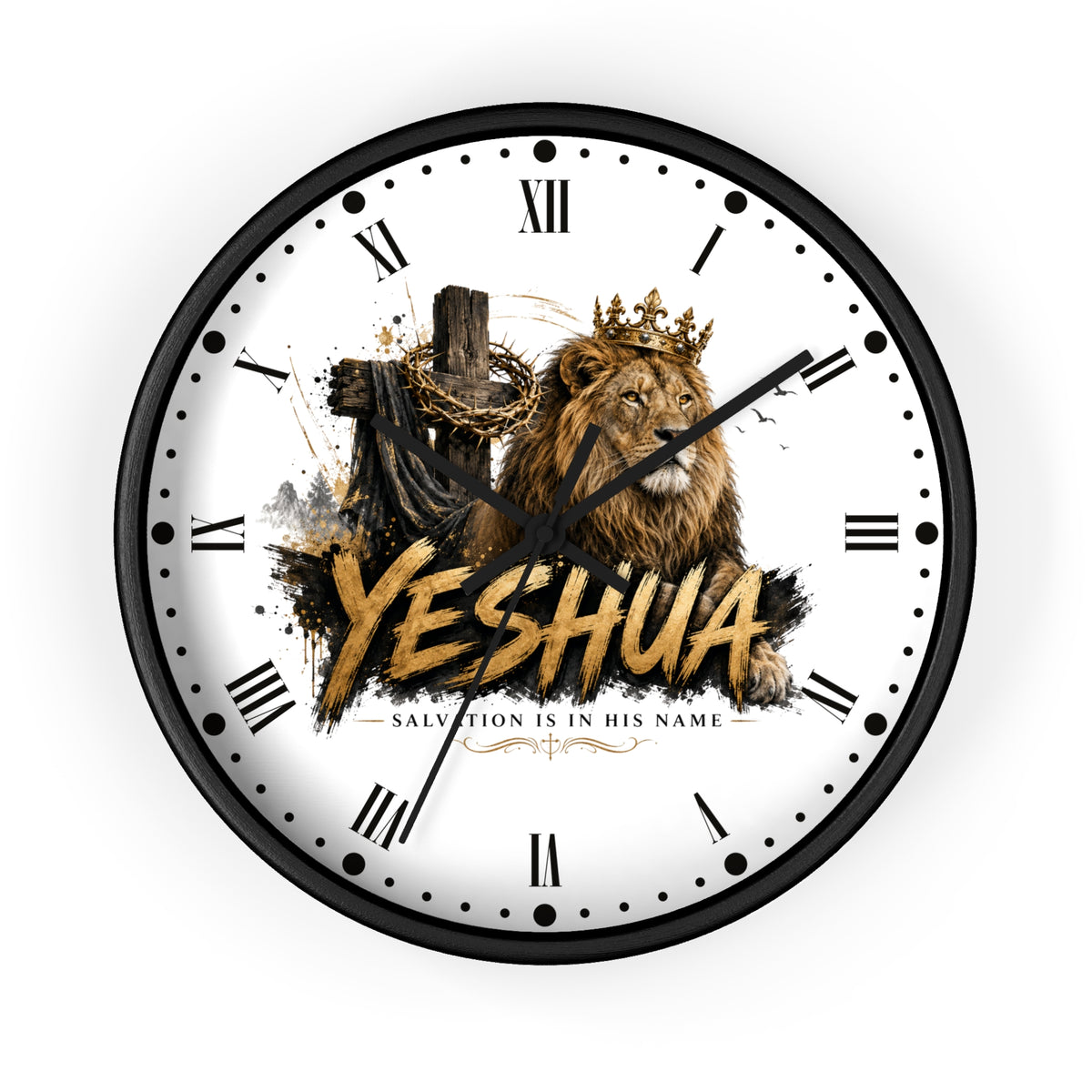 A round wall clock with a black frame and a white face featuring a lion wearing a crown, a wooden cross with chains, and the word 'YESHUA' in large gold letters. Roman numerals and black hands are visible on the clock.