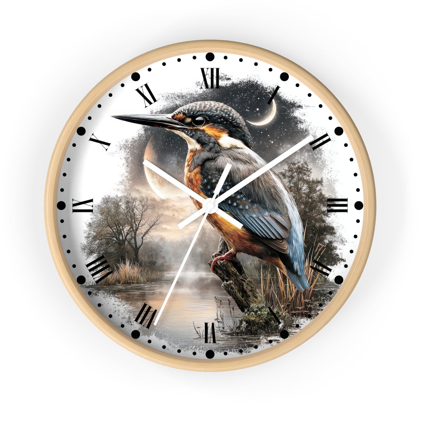 A round wall clock with a light wood frame and a printed nature scene on the face, featuring a kingfisher perched over water at night with a moon and stars. The clock has black Roman numerals, black minute markers, white hands, and a clean white background.