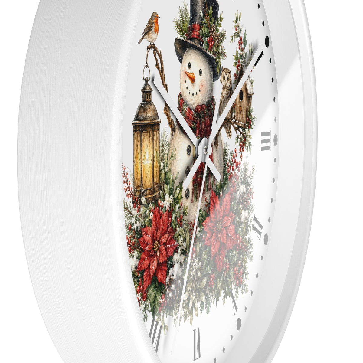 A round white wall clock with a festive Christmas illustration on the face, featuring a snowman in a top hat, a bird, a lantern, a small owl, and red flowers, photographed against a white background.