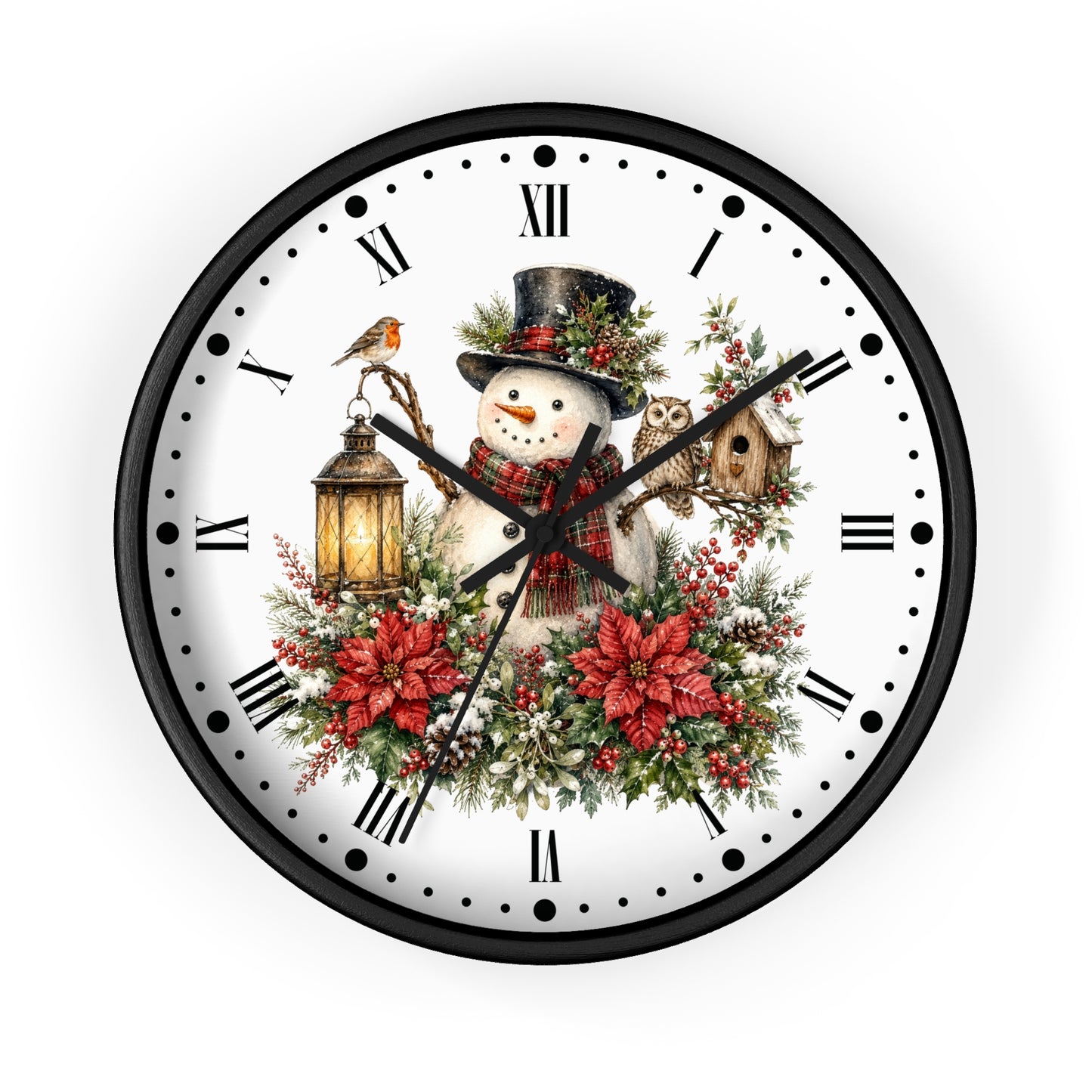 A round wall clock with a black frame and a white face featuring a festive Christmas illustration of a snowman, red poinsettias, green foliage, a bird lantern, and a birdhouse.