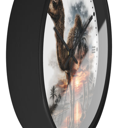 A round wall clock with a black frame and a printed scenic face showing a camel in a desert landscape at sunset, photographed against a plain white background.