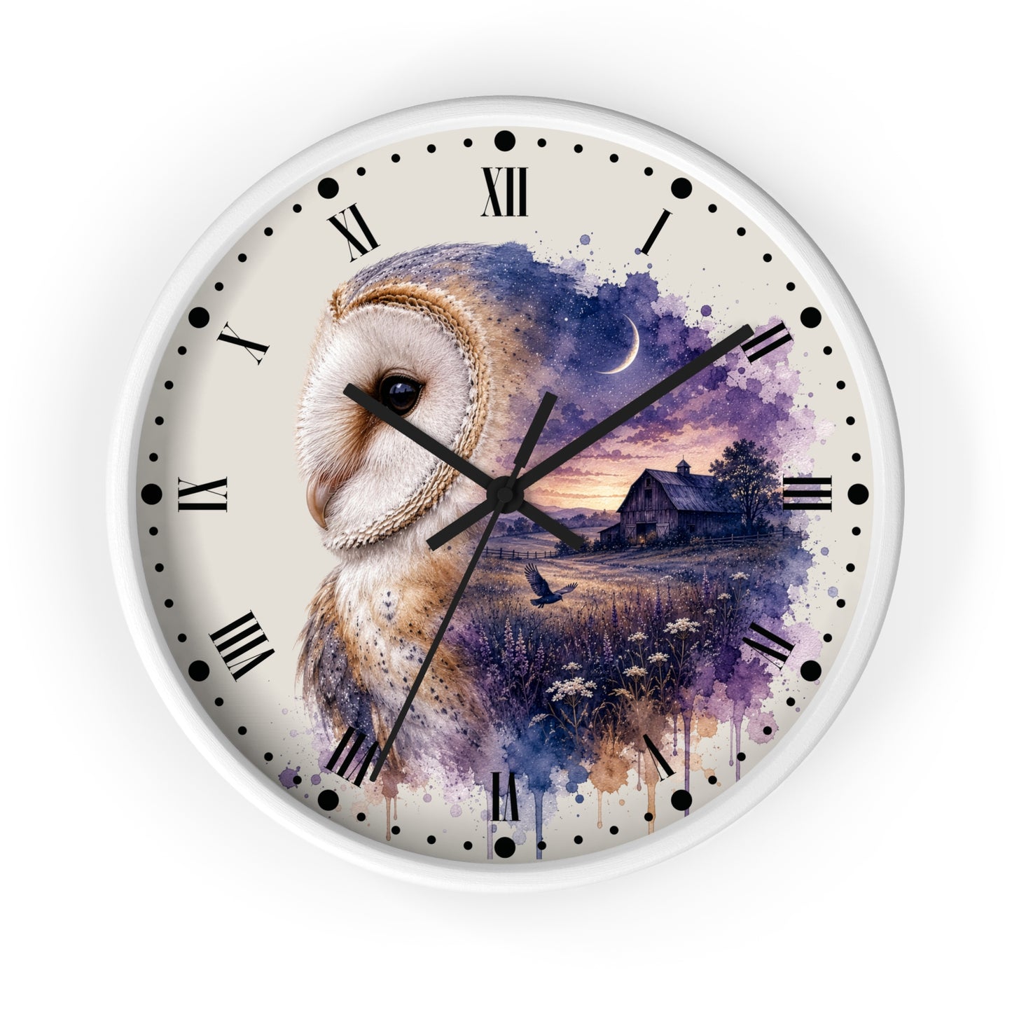 Round wall clock with a white frame and a printed design featuring a large owl over a watercolor landscape at dusk, with Roman numerals and black clock hands on a white background.