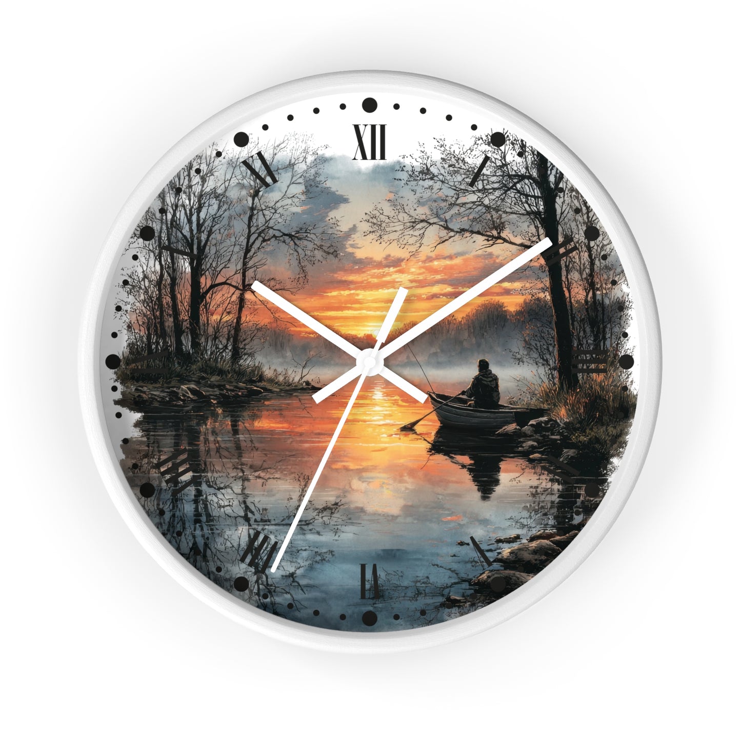 Round wall clock with a white frame and a scenic print of a sunset over a lake, featuring a silhouetted figure in a boat and bare trees. The clock face includes black Roman numerals and white hands.