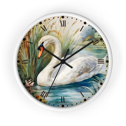 Round wall clock with a white frame and a printed swan scene on the face, featuring Roman numerals, black clock hands, and a white background around the product.