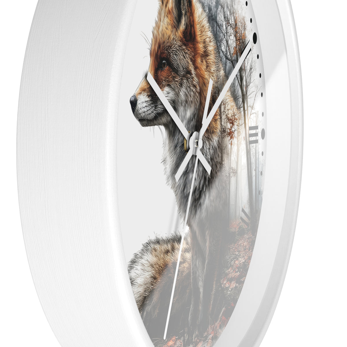 A round white wall clock featuring a detailed photographic print of a red fox in profile, with white clock hands and no visible numbers.