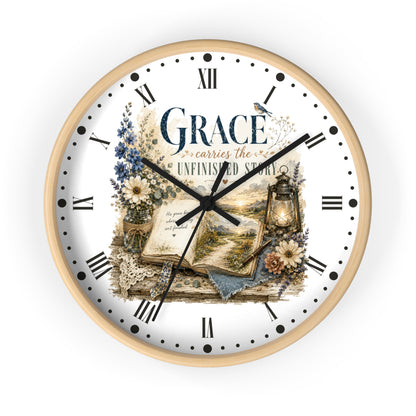 Grace Carries the Unfinished Story Wall Clock — Inspirational Rustic Farmhouse Decor