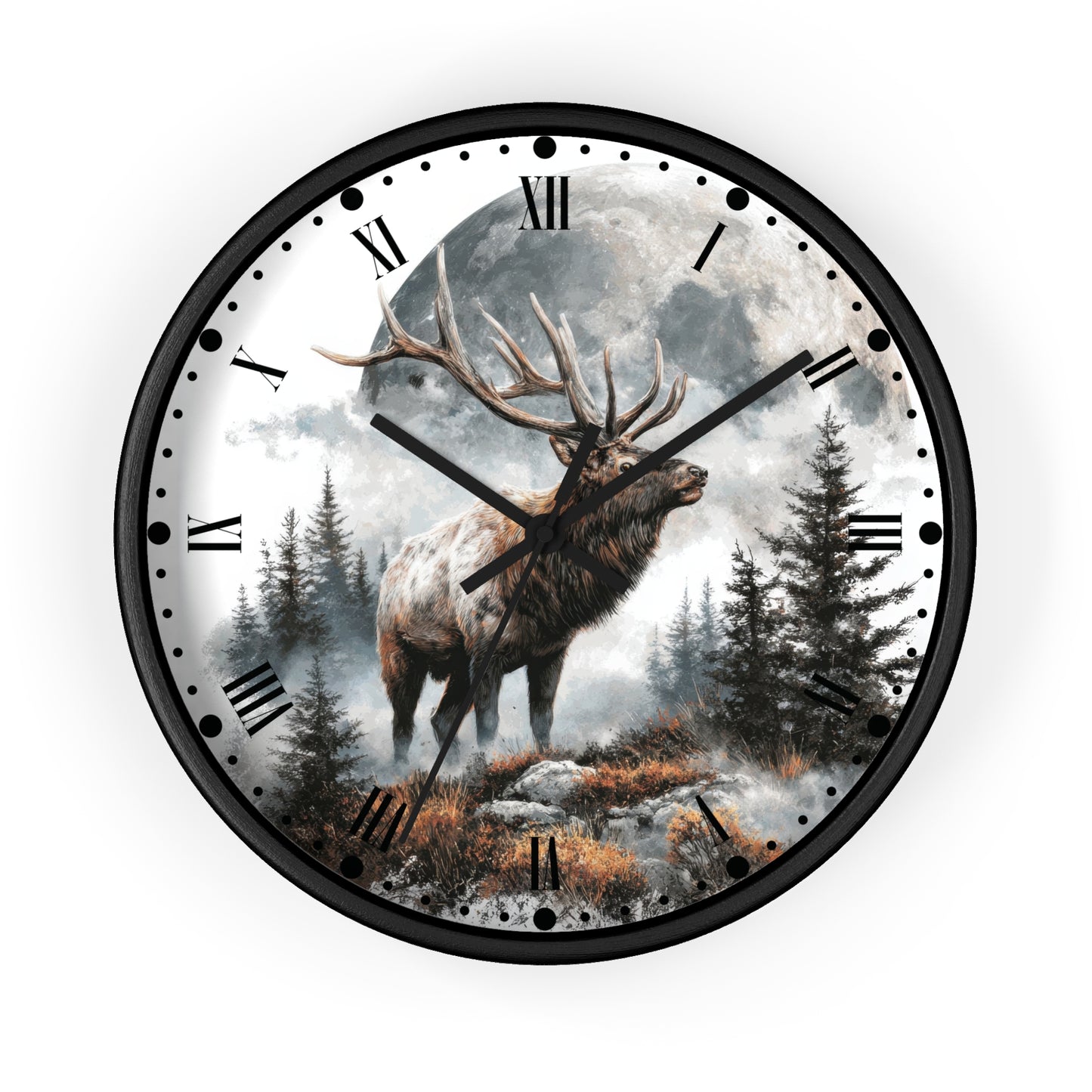 Round wall clock with a black frame and Roman numeral hour markers, featuring a printed nature scene of a large deer with antlers standing in a misty forest under a full moon.