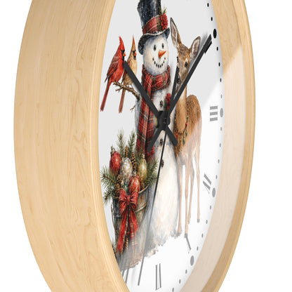 Christmas Snowman & Deer Wall Clock – Rustic Holiday Home Décor