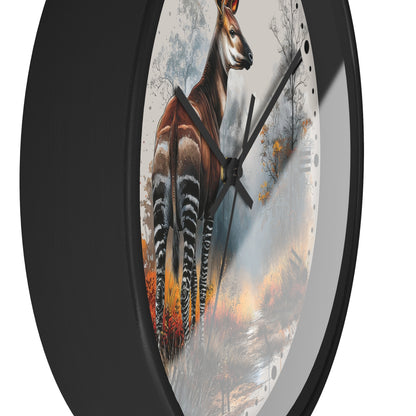 A round wall clock with a black frame and a printed dial featuring a large zebra deer standing in a misty forest scene with warm orange and blue tones.