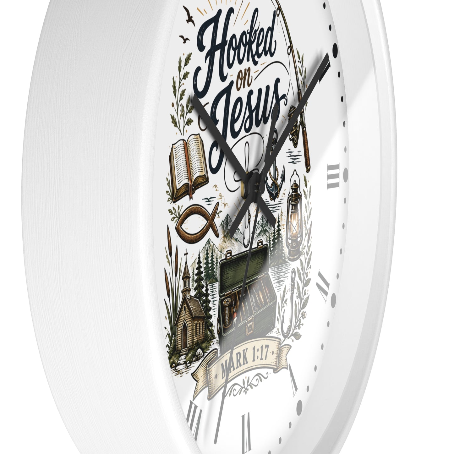 Hooked on Jesus Wall Clock — Christian Fishing & Faith Decor (Mark 1:17)