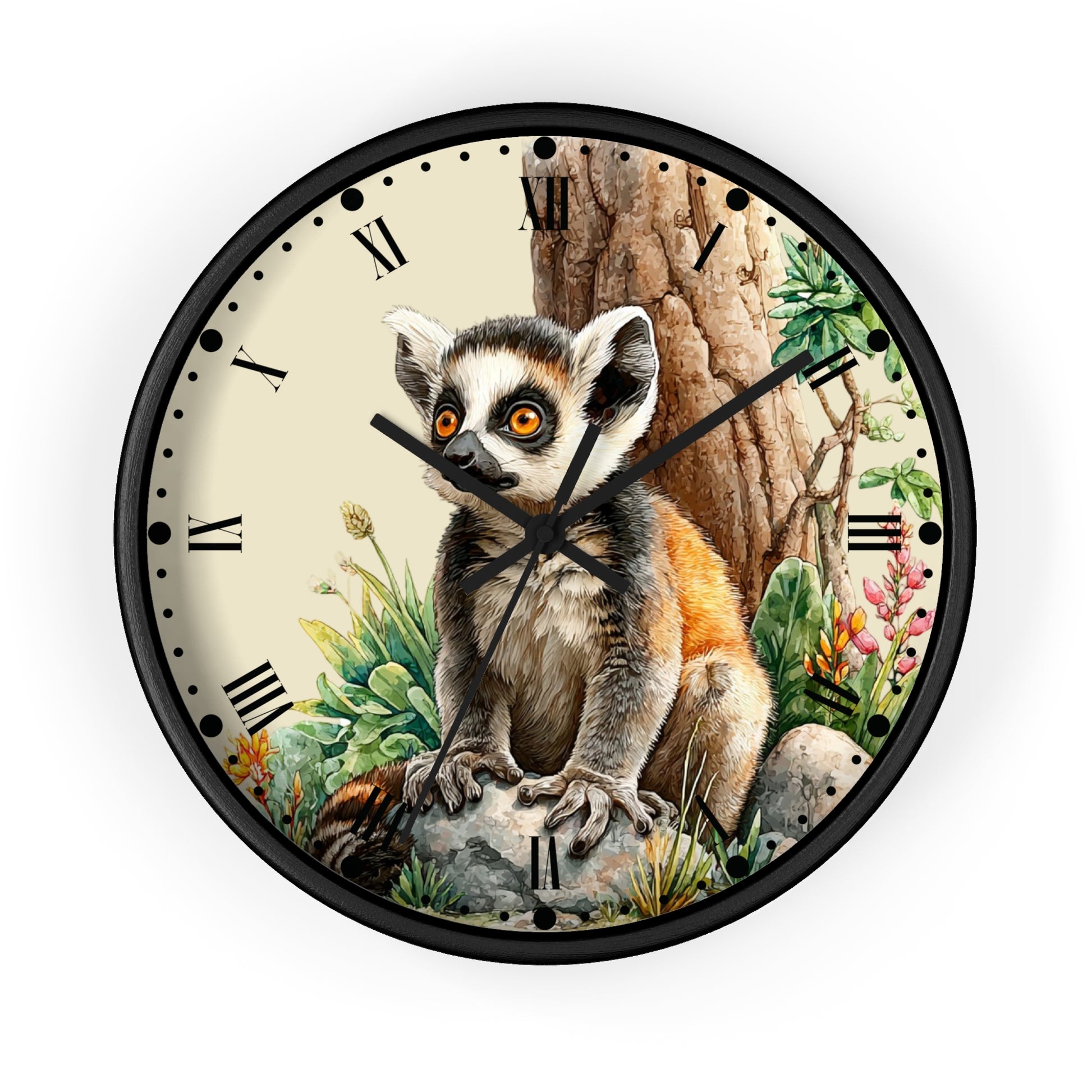 Round wall clock with a black frame and a detailed illustration of a ring-tailed lemur sitting in front of a tree trunk, with Roman numerals on a cream background.