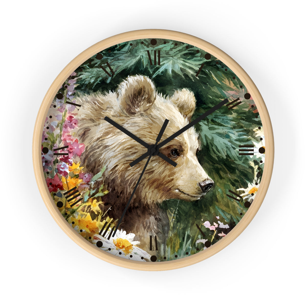 Bear Cub Floral Wall Clock — Rustic Woodland Nursery Decor