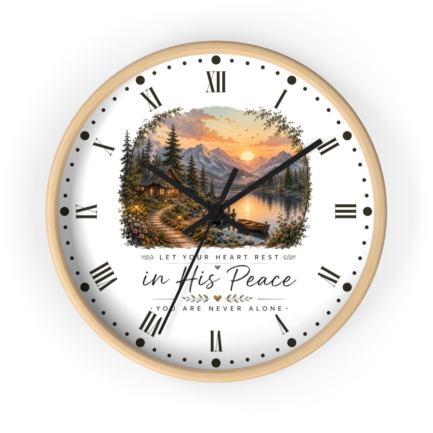 Scenic Cabin Christian Wall Clock - 'In His Peace Let Your Heart Rest'