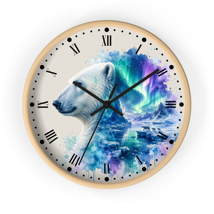 Polar Bear Aurora Wall Clock — Arctic Northern Lights Wildlife Decor