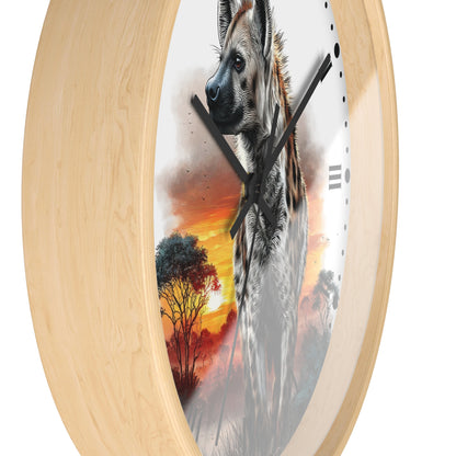 A round wall clock with a light natural wood frame and a printed scenic face featuring a hyena portrait against a sunset sky with trees. The clock is shown at an angle on a plain white background.