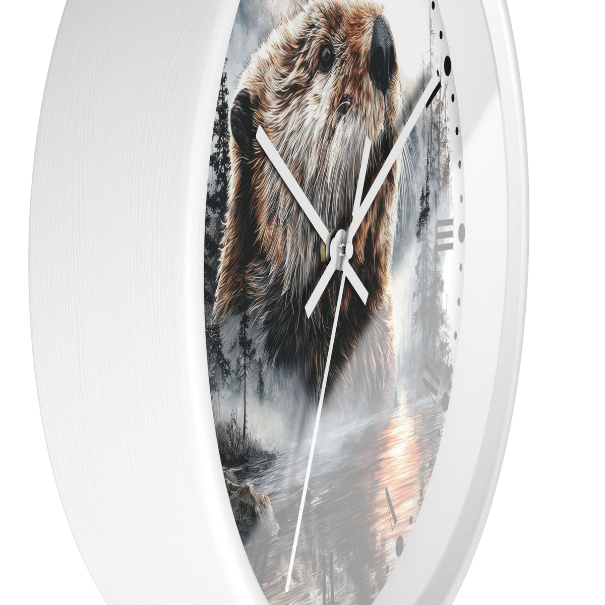 Round wall clock with a white frame and a printed nature scene of a beaver in front of a misty forest and water. The clock has white hands and roman numerals.