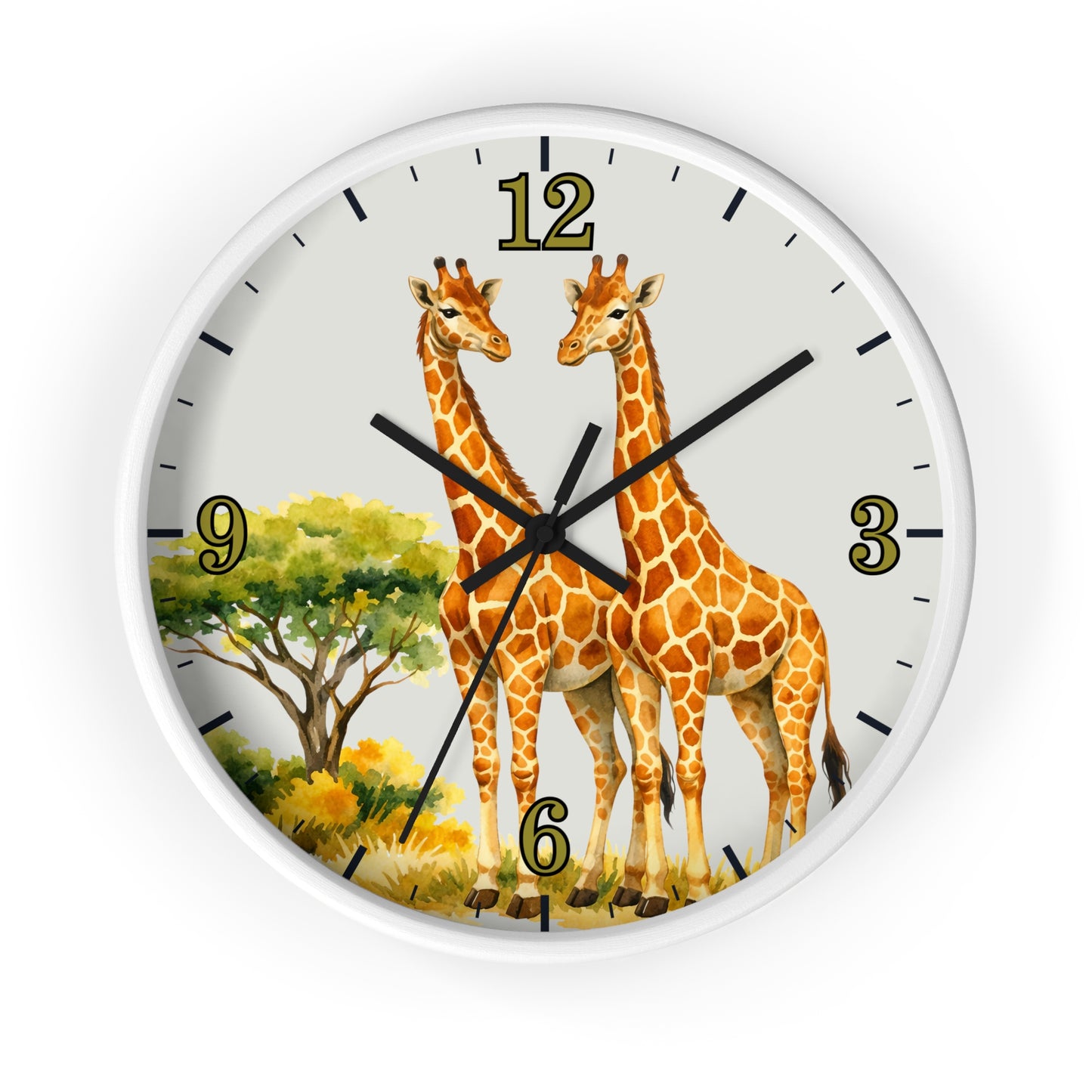 A round wall clock with a white frame and a safari-themed dial featuring two giraffes, a tree, and gold Arabic numerals on a light gray background.