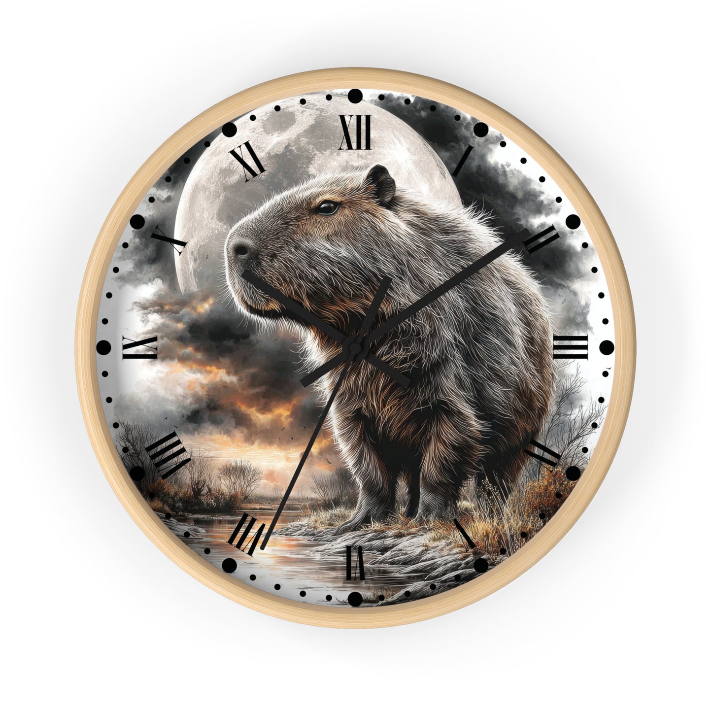 A round wall clock with a light wood frame and a printed scenic dial featuring a capybara standing in front of a large full moon and dramatic clouds. The clock uses Roman numerals for hour markers and has black hands and minute markers.