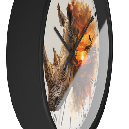Rhino Sunset Wall Clock with Roman Numerals — Safari Wildlife Decor