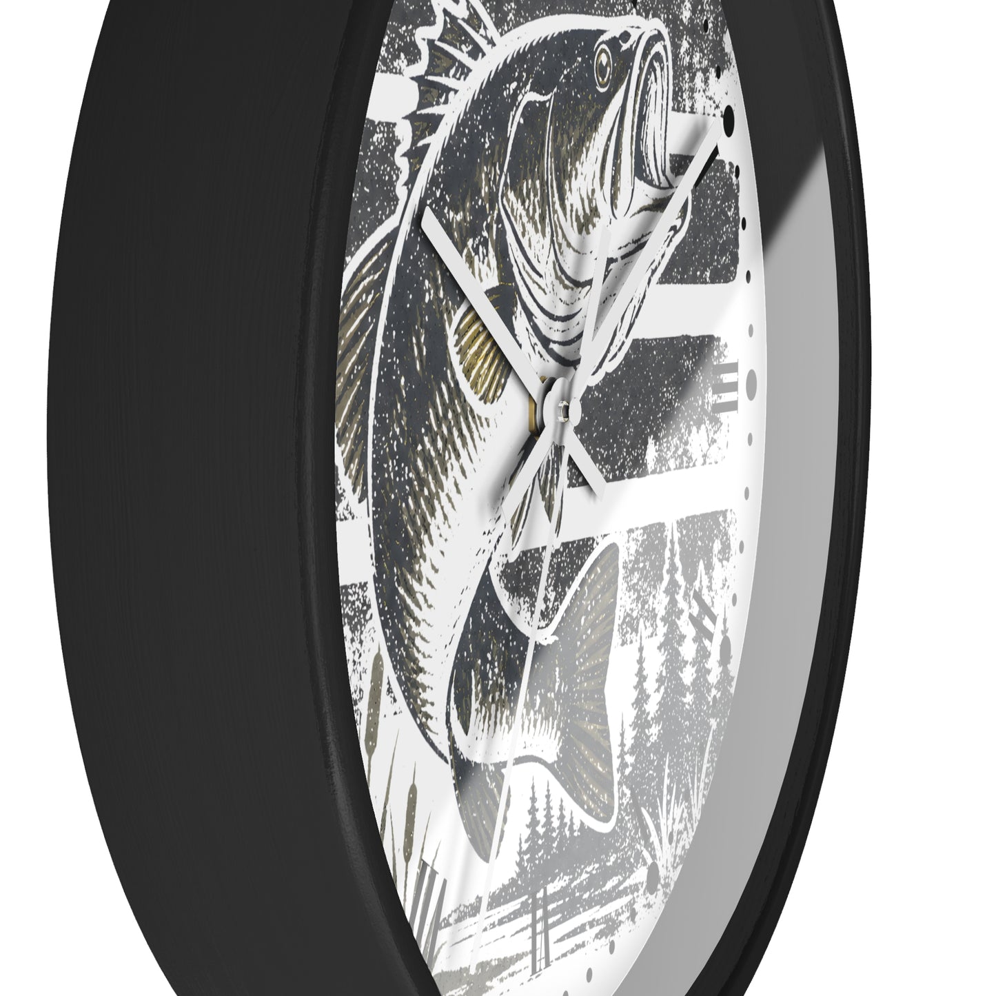 A close-up of a round wall clock with a black frame and a white dial featuring a detailed black-and-white fish illustration with subtle gold accents.