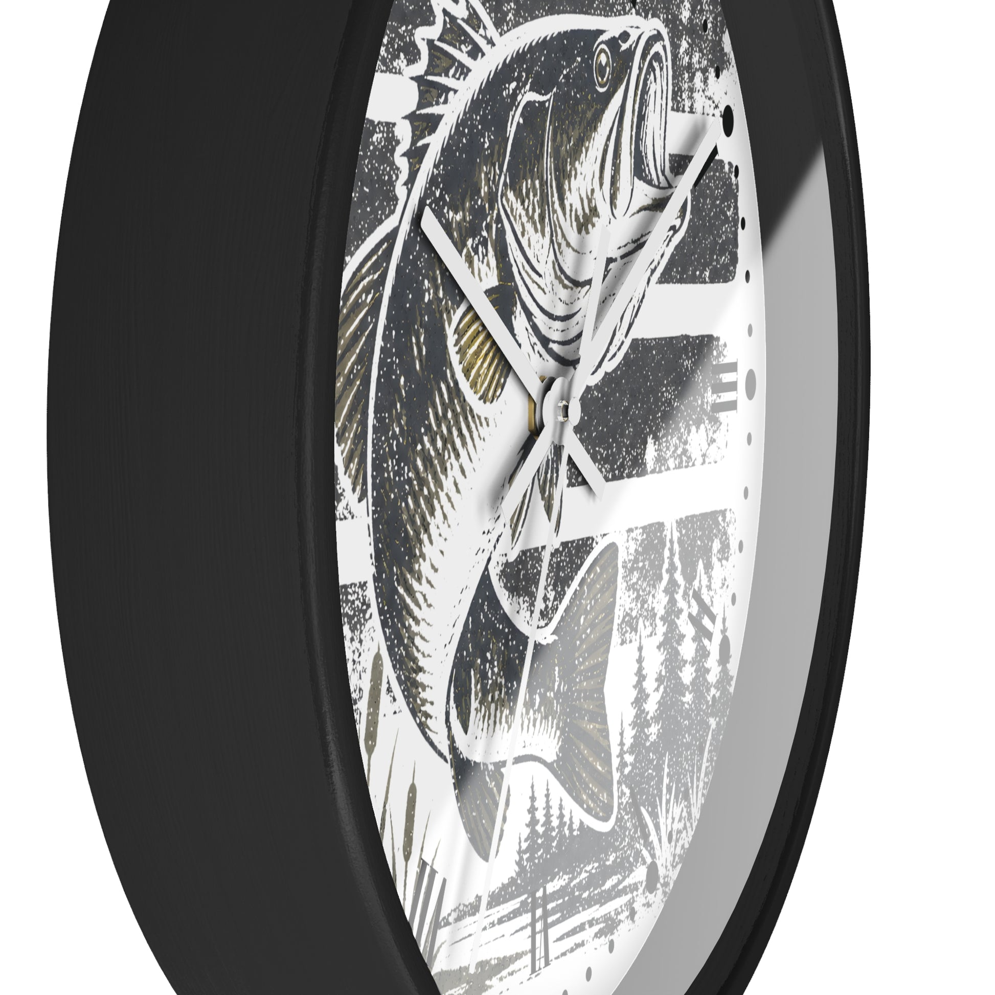 A close-up of a round wall clock with a black frame and a white dial featuring a detailed black-and-white fish illustration with subtle gold accents.