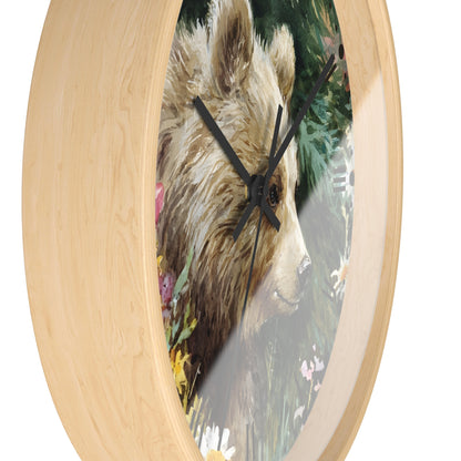 Bear Cub Floral Wall Clock — Rustic Woodland Nursery Decor