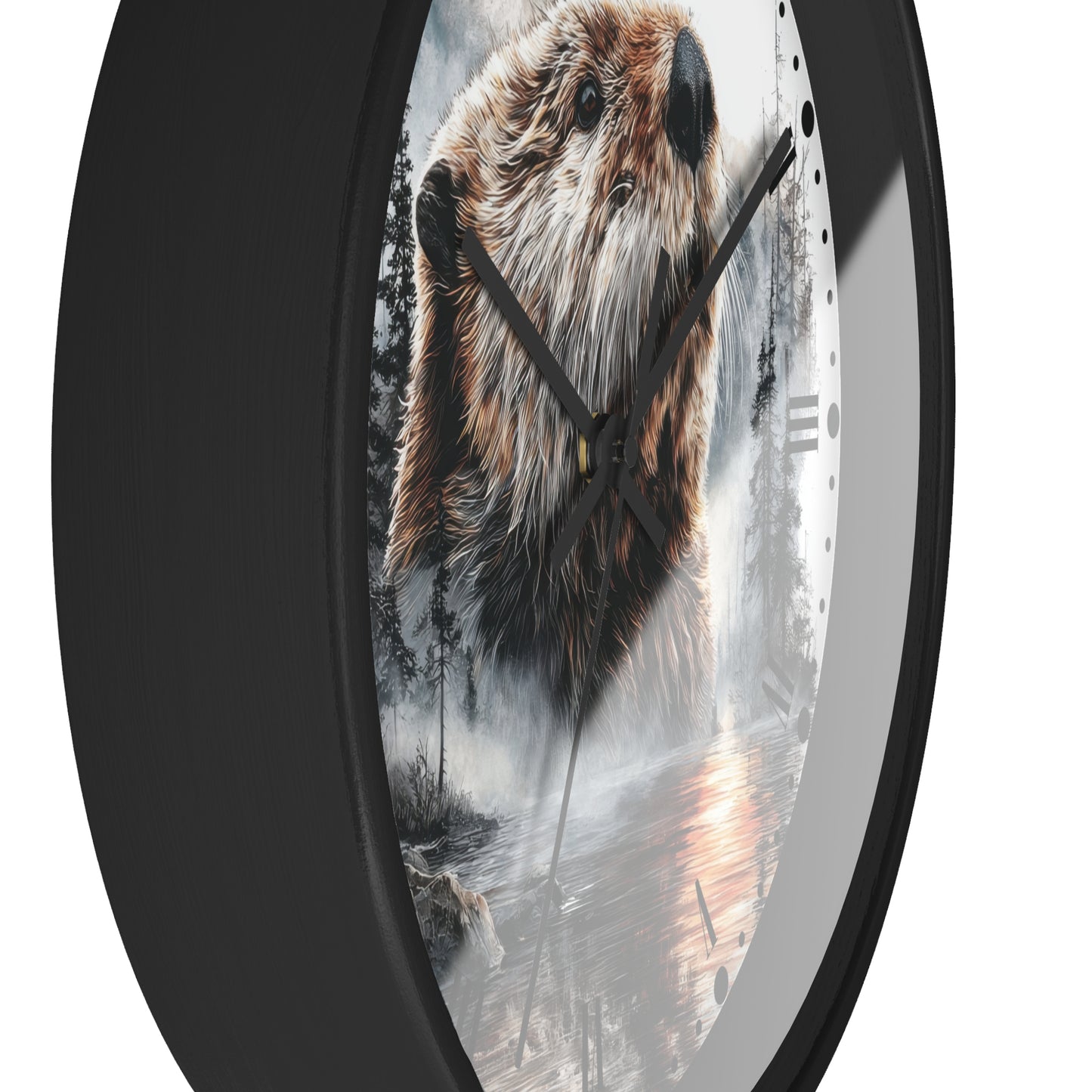 Round wall clock with a black frame and a printed design of a beaver in a misty forest scene on the clock face, shown against a plain white background.