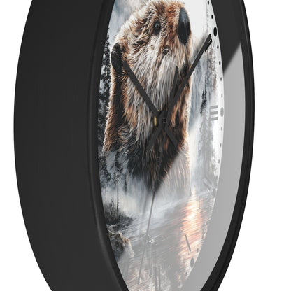 Round wall clock with a black frame and a printed design of a beaver in a misty forest scene on the clock face, shown against a plain white background.