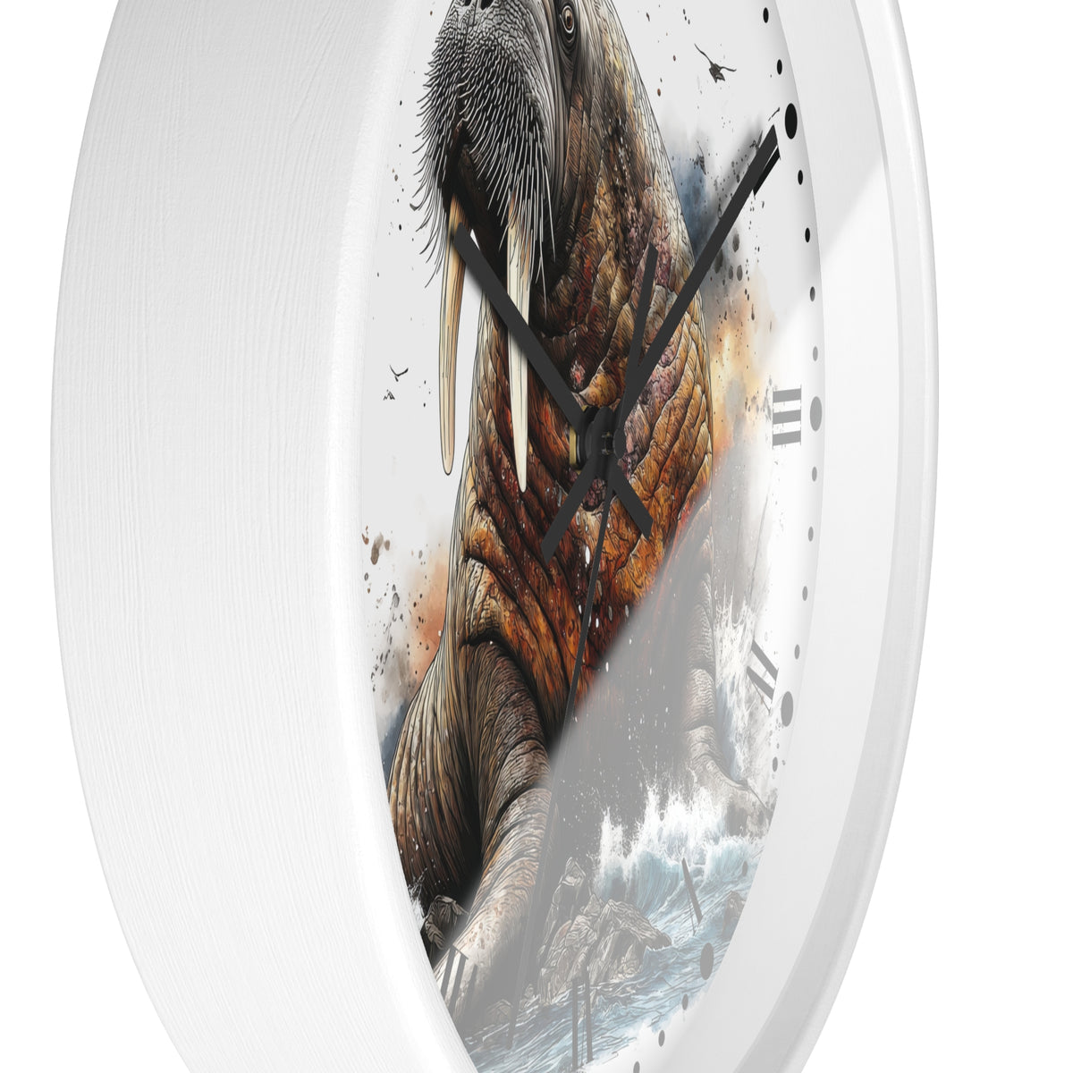 A round white wall clock with a detailed printed design of a walrus on the face, featuring black hands and Roman numeral hour markers against a clean white background.