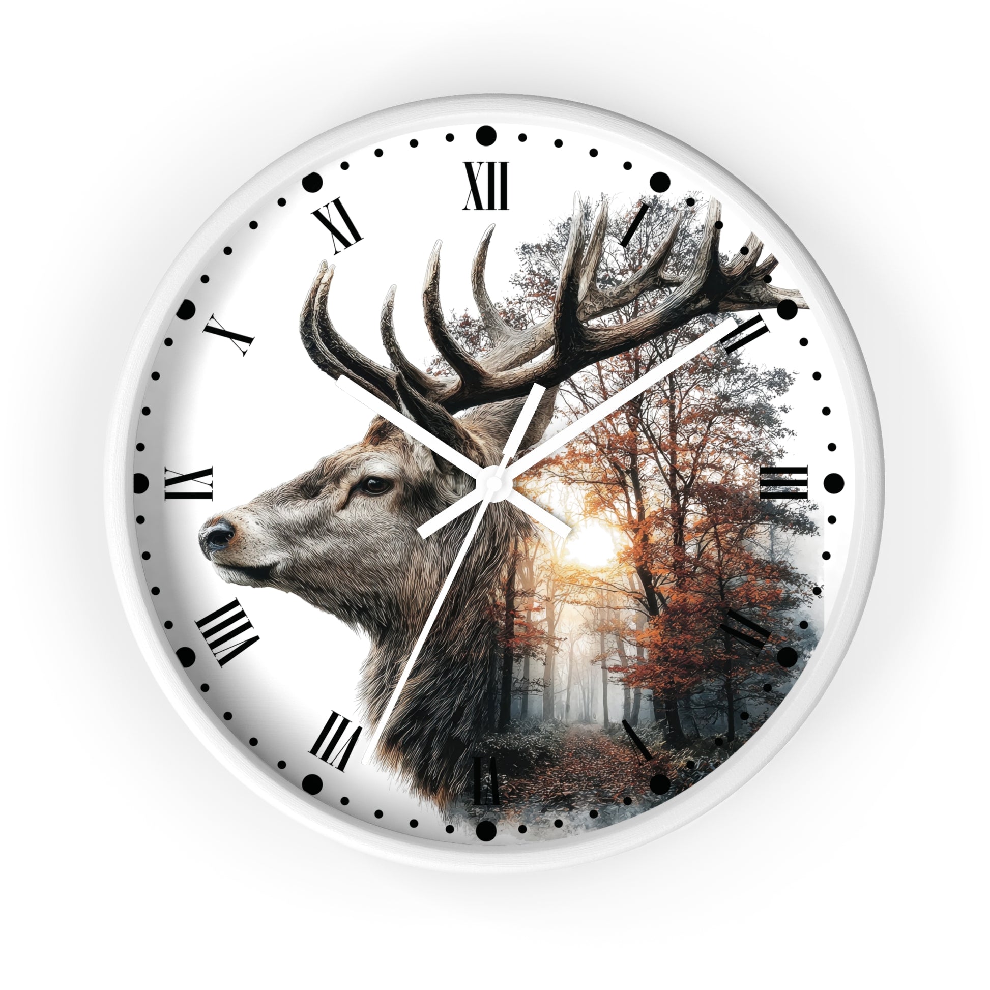 A round wall clock with a white frame and face, featuring a large deer head with antlers over a forest scene. The clock has black Roman numerals and white hands on a white background.