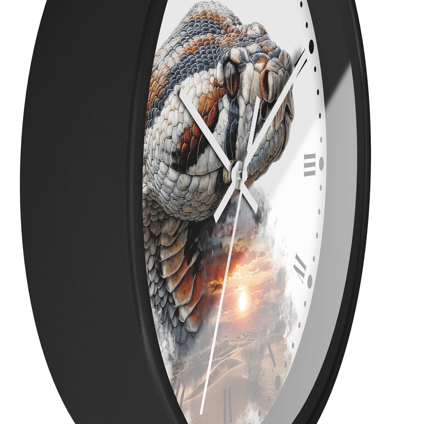 A close-up of a round wall clock with a black frame and a printed face featuring a detailed snake head over a desert sunset scene.