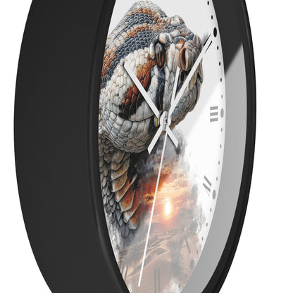 A close-up of a round wall clock with a black frame and a printed face featuring a detailed snake head over a desert sunset scene.