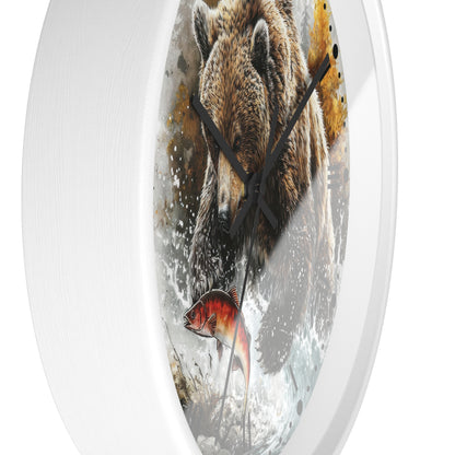 Bear Fishing Wall Clock — Rustic Wildlife River Scene Home Decor