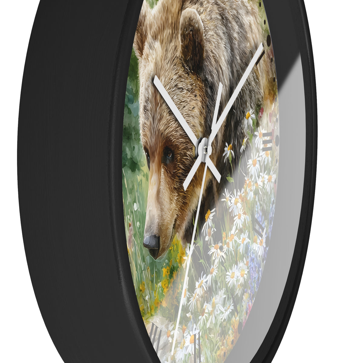Grizzly Bear in Wildflower Meadow Wall Clock — Rustic Nature Animal Decor