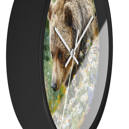 Grizzly Bear in Wildflower Meadow Wall Clock — Rustic Nature Animal Decor