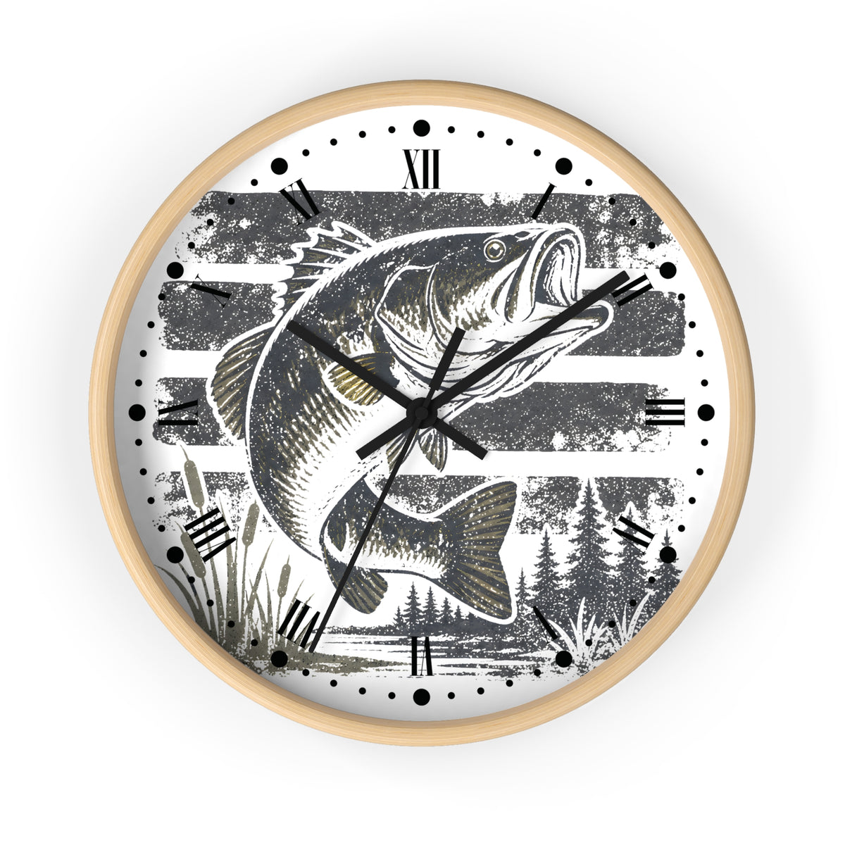 A round wall clock with a light natural wood frame and a white dial featuring a large black-and-gray illustrated fish over horizontal stripes, with black Roman numerals and clock hands.