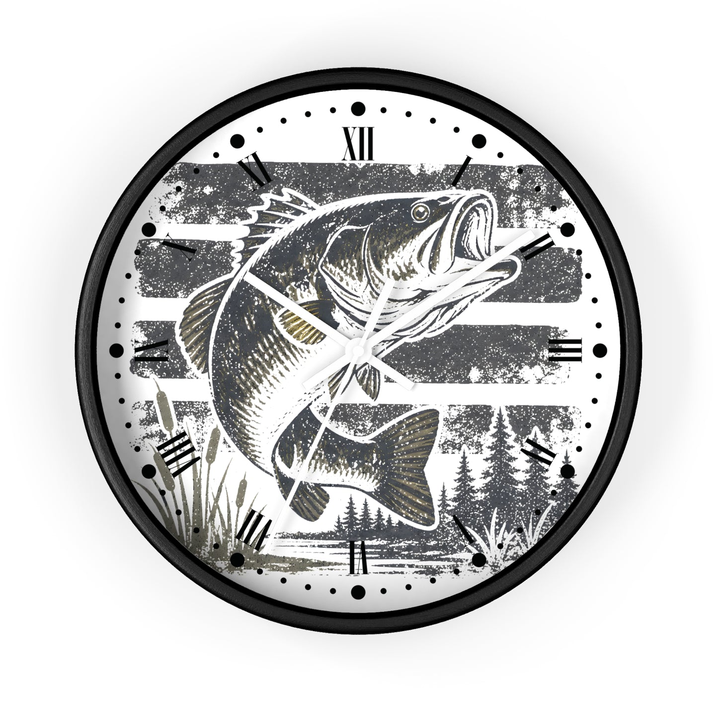 A round wall clock with a black frame and a white face featuring a large black-and-white illustration of a wide mouth bass fish over horizontal stripes, with Roman numerals and black hour markers.